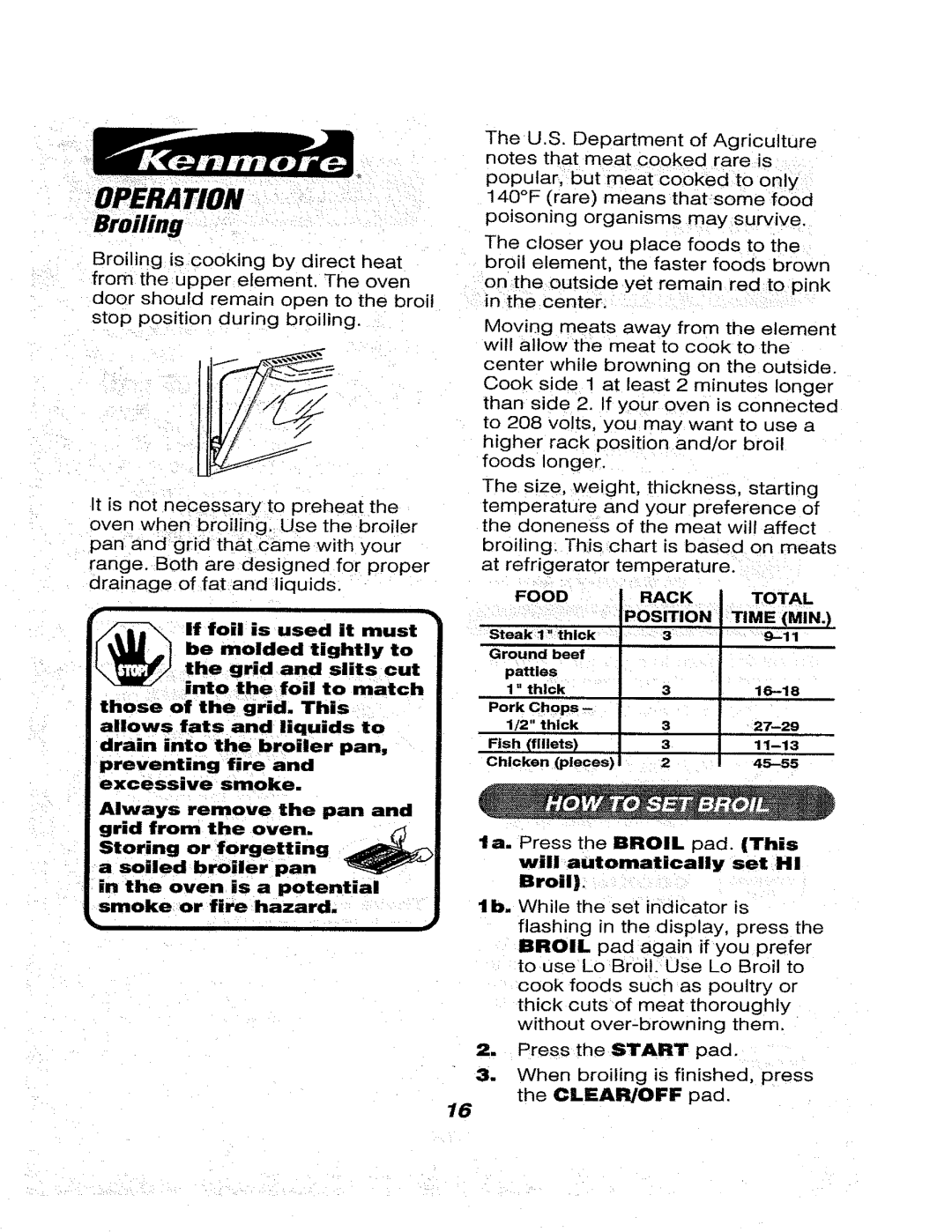 Kenmore 911.46565, 911.46566, 911.46569 owner manual Broiling, Rack Total Position Time, Clear/Off 