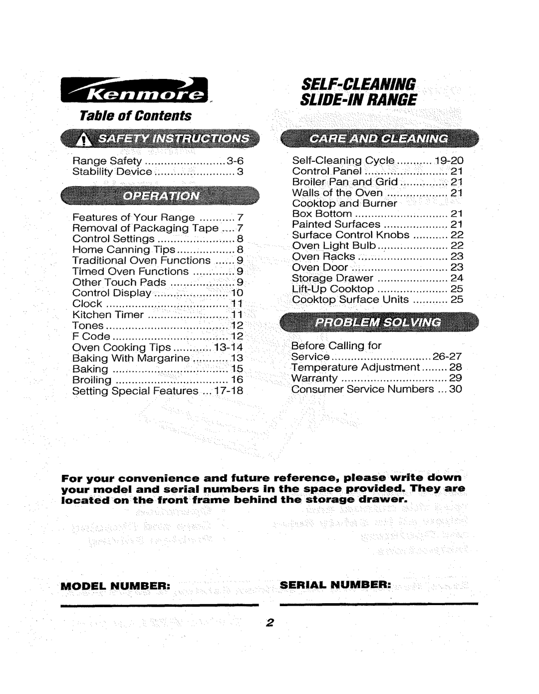 Kenmore 911.46569, 911.46566, 911.46565 owner manual SELF-CLEANING SLIDE-IN Range, Table of Contents 