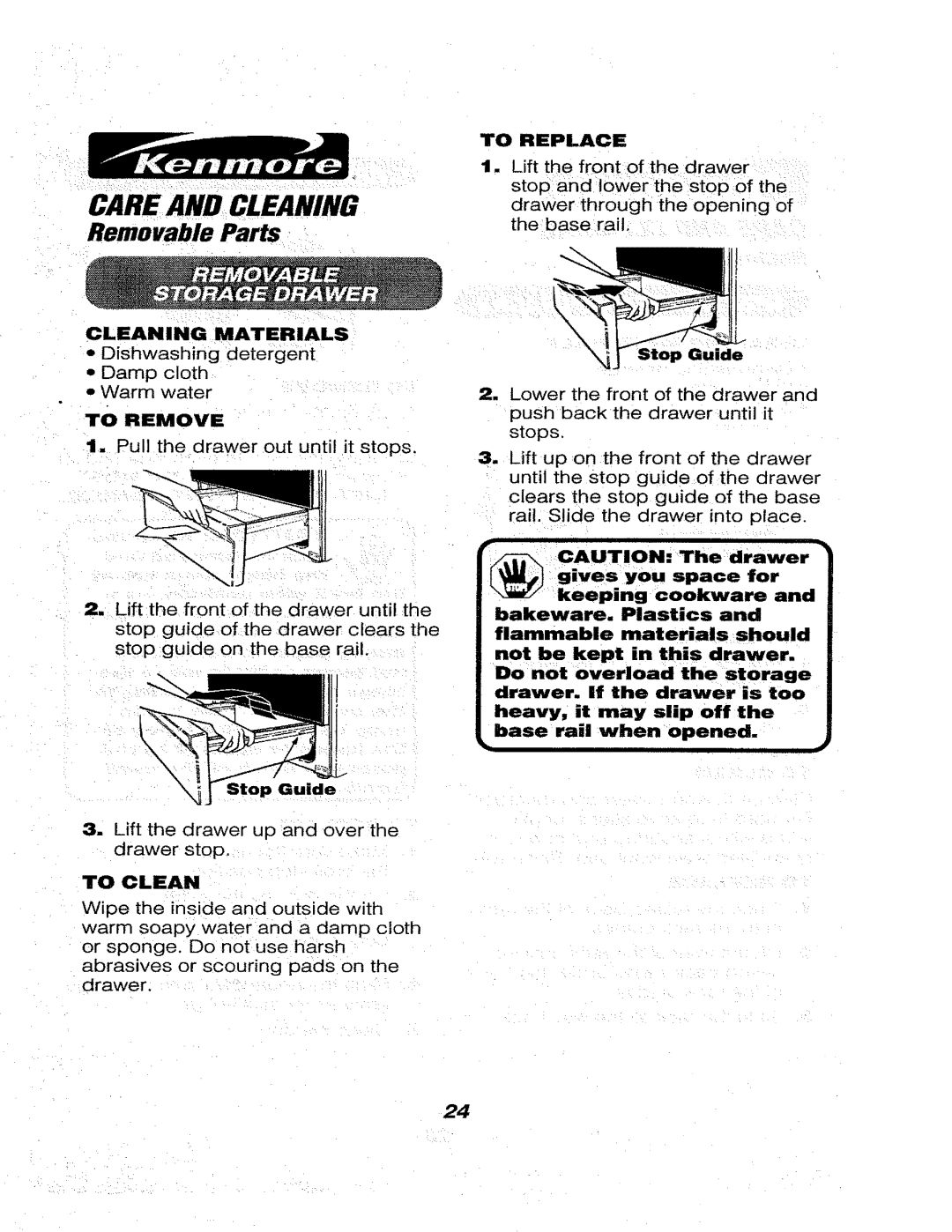 Kenmore 911.46566, 911.46565, 911.46569 owner manual Lift the drawer up and over the drawer stop, Stop Guide 