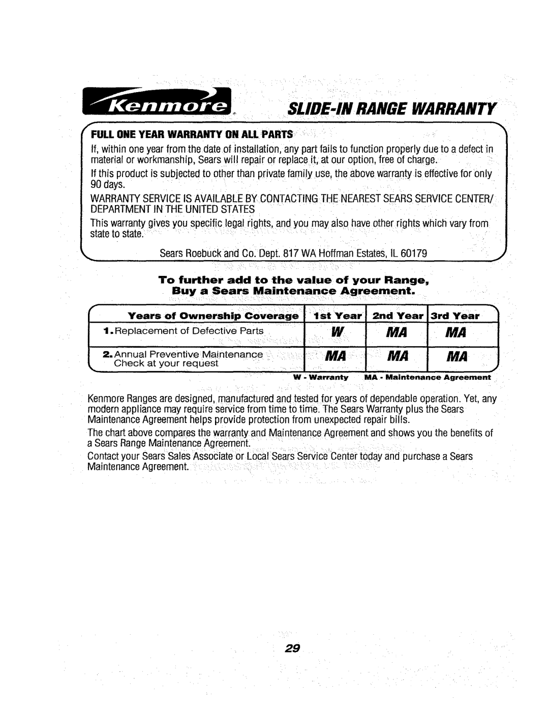 Kenmore 911.46569, 911.46566, 911.46565 owner manual SLIDE-INRANGE Warranty, Full ONE Year Warranty on ALL Parts, Agreement 