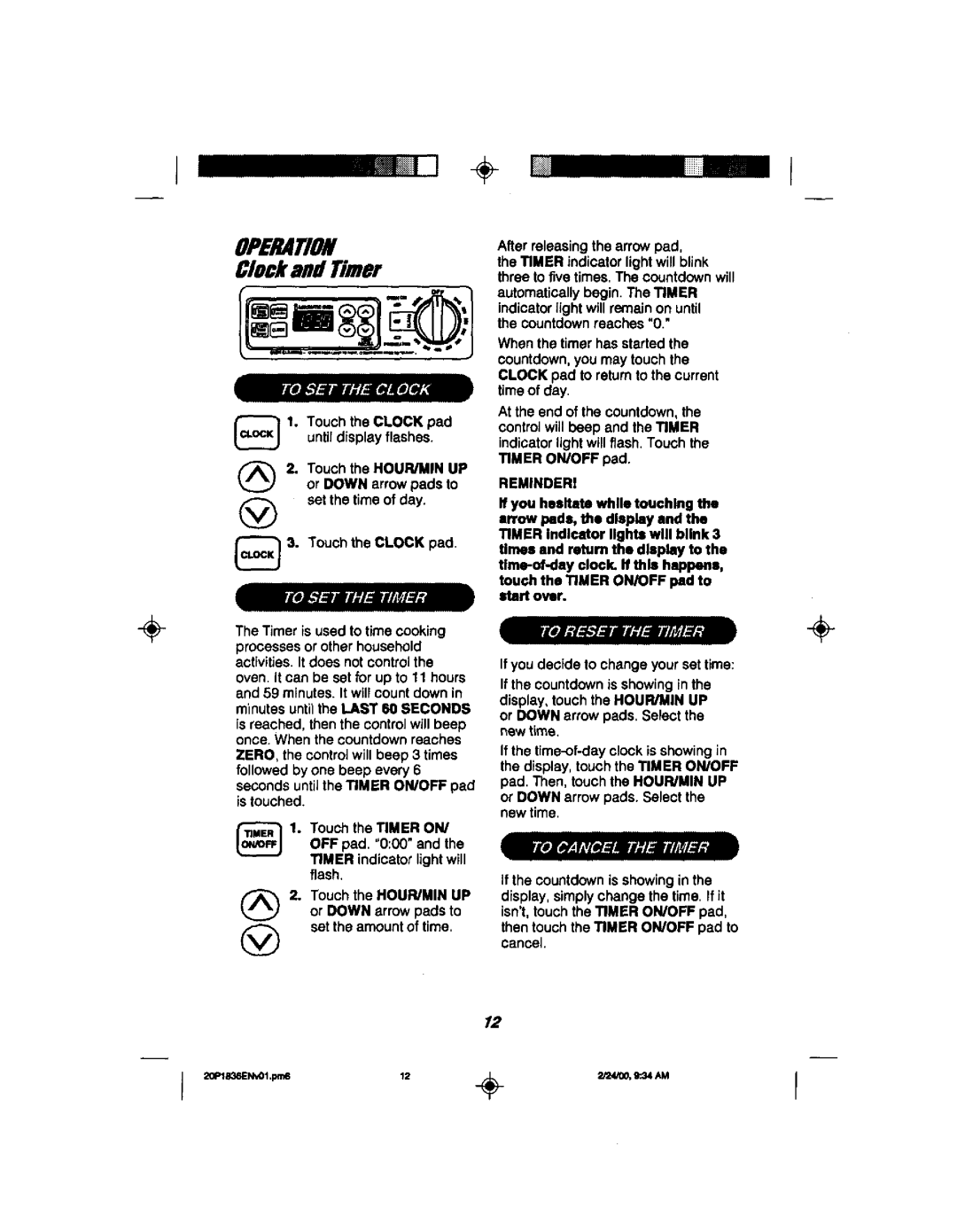 Kenmore 911.93581, 911.93601000, 911.93582, 911.93608 Clockand Timer, Touchthe HOUR/MIN UP or Down arrow pads to, Reminderi 