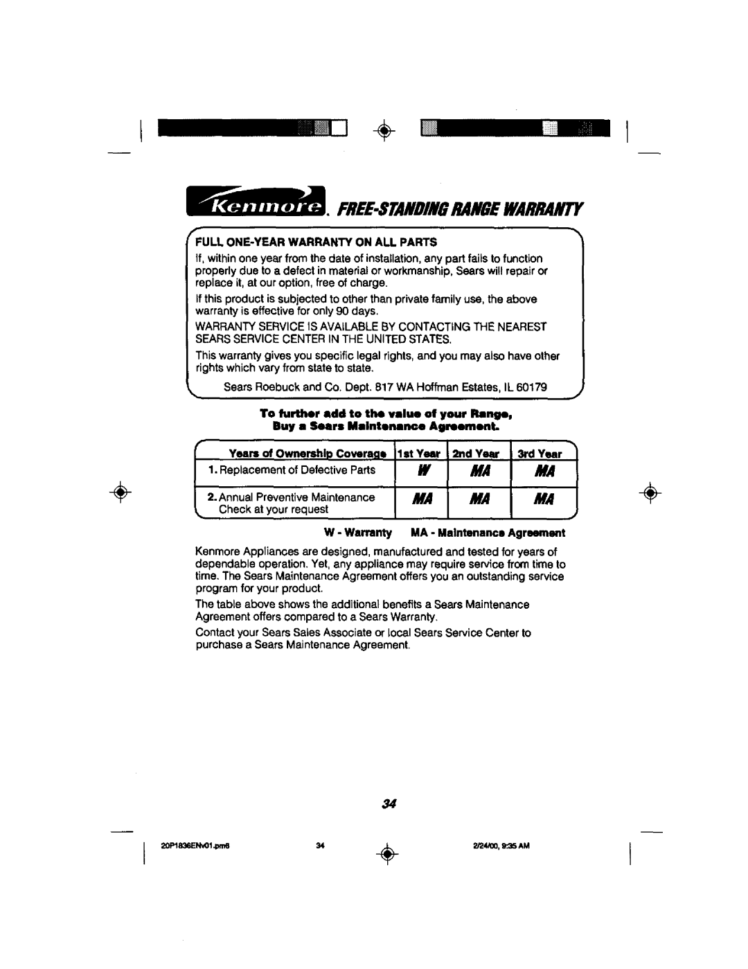 Kenmore 911.93601, 911.93582 Free-Standingrangewarranty, Replacement of Defective Parts, Warranty MA Maintenance Agreement 