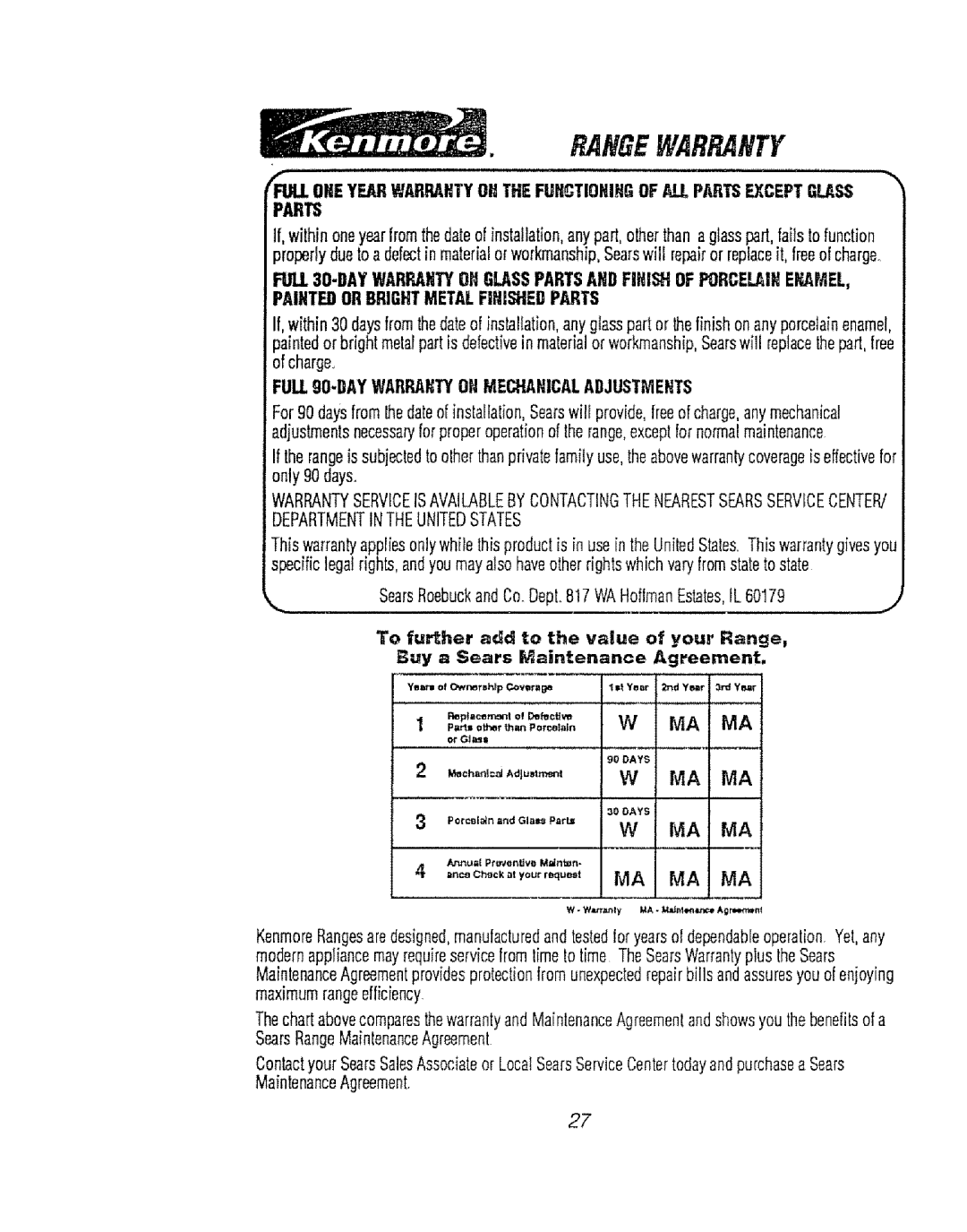 Kenmore 911.94485, 911.92486, 911.93471, 911.92391 Rangewarranty, Parts, FULL90-DAY Warrantyohmechanicaladjustments, Or= 