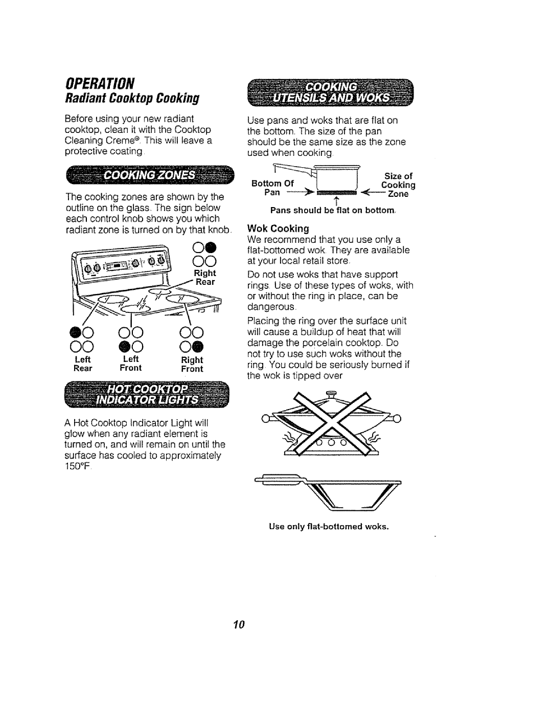 Kenmore 911.94752, 911.94754, 911.94759 manual RadiantCooktopCooking, Left LeftRight Rear FrontFront 