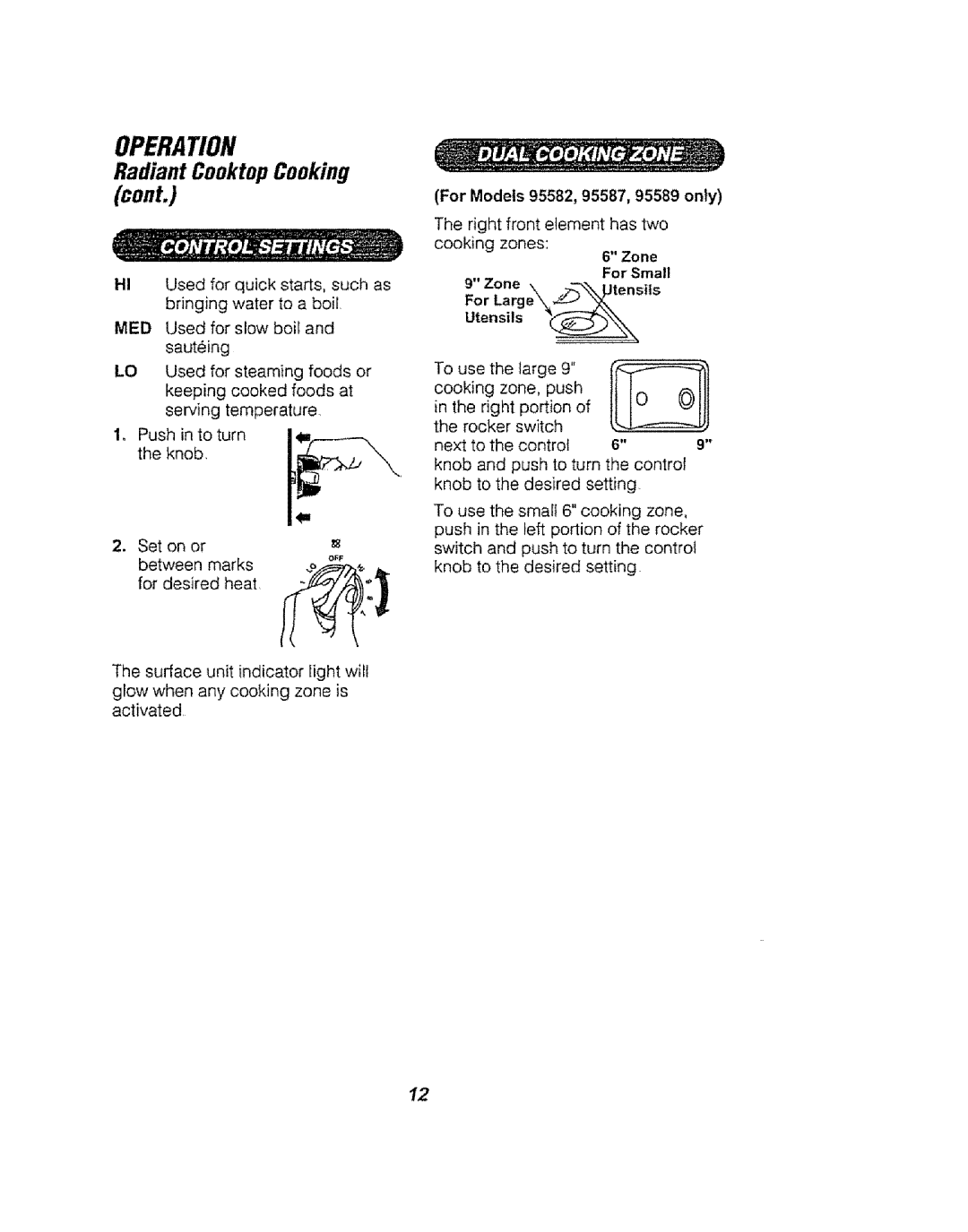 Kenmore 911.94754, 911.94752, 911.94759 manual For Models 95582, 95587, 95589 only, For Small Zone k -\tensils 