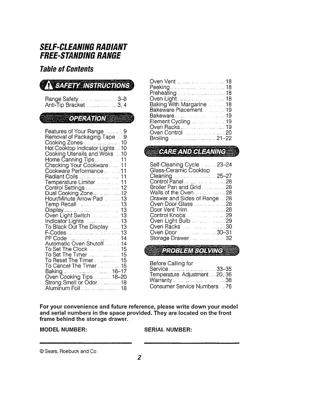 Kenmore 911.94759, 911.94754, 911.94752 manual Self-Cleaningradiant Free-Standingrange, Tableof Contents 