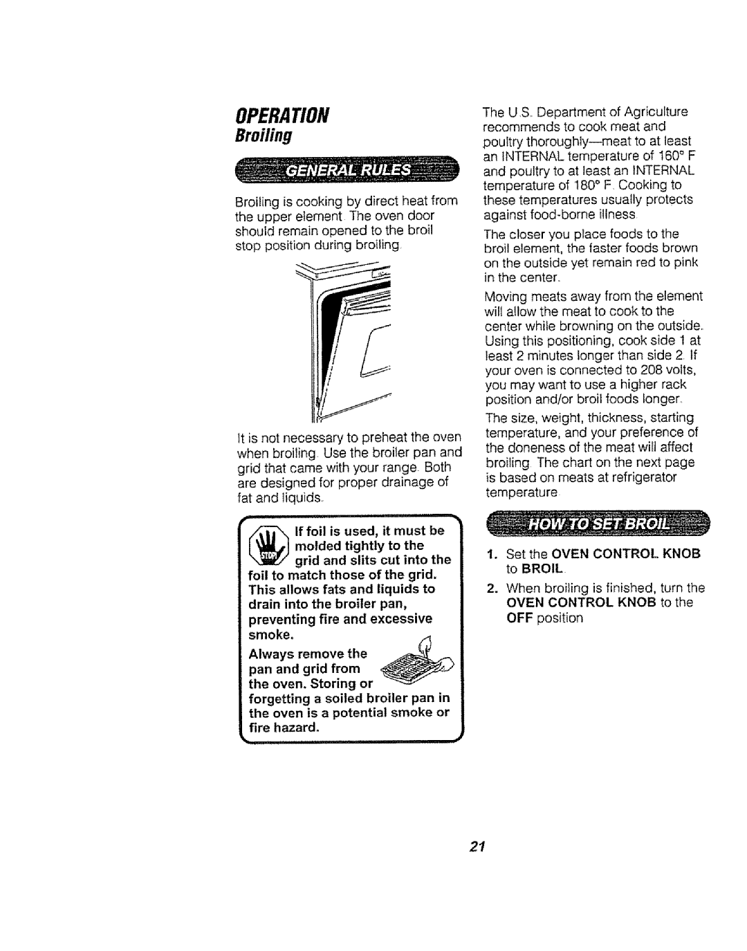 Kenmore 911.94754, 911.94752, 911.94759 manual Broiling, Set the Oven Control Knob to Broil 