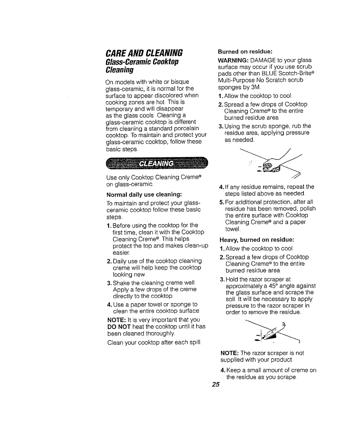 Kenmore 911.94752, 911.94754, 911.94759 manual Glass-CeramicCooktop, Burned on residue, Heavy, burned on residue 