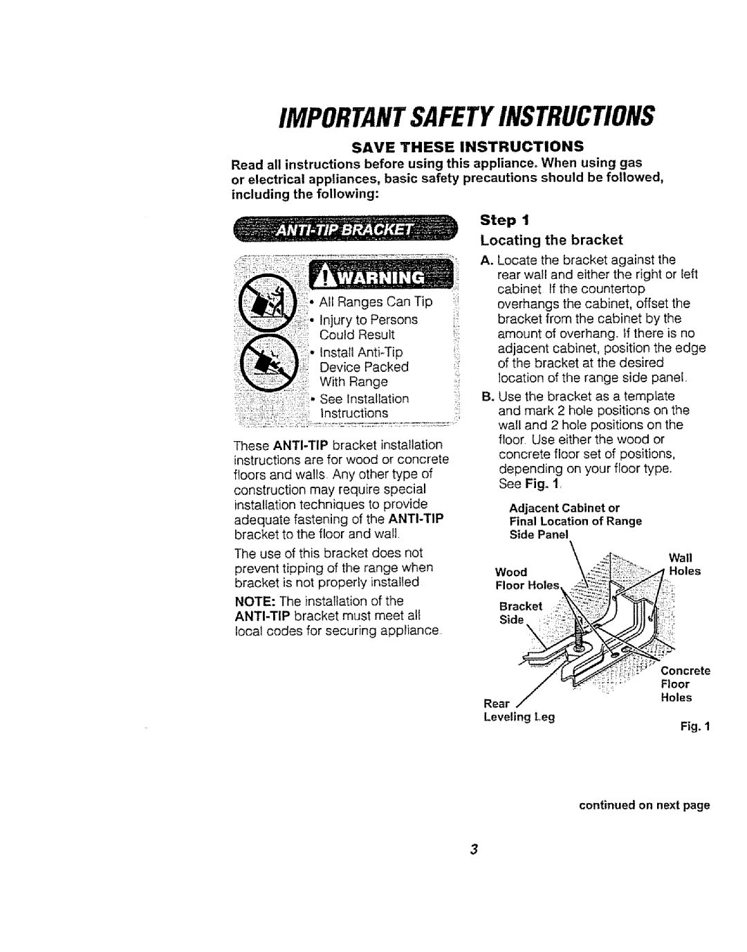 Kenmore 911.94754, 911.94752 Step Locating the bracket, Adjacent Cabinet or Final Location of Range, Rear Holes, On next 