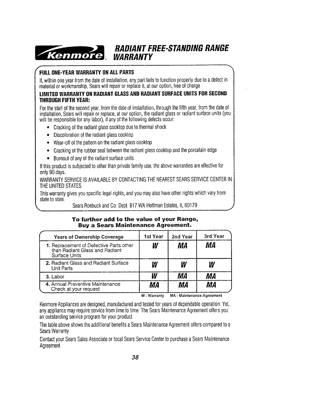 Kenmore 911.94759, 911.94754 manual RADIANTFREE-STANDINGRANGE Warranty, FFULL ONE-YEARWARRANTY Onall Parts, Theunitedstates 