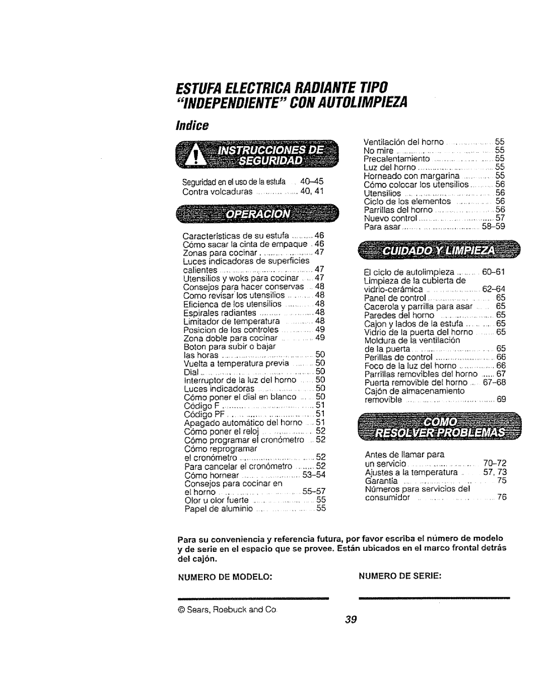 Kenmore 911.94754, 911.94752, 911.94759 manual Estufaelectricaradiantetipo, Indice, Indicadoras de, Numero DE Modelo 