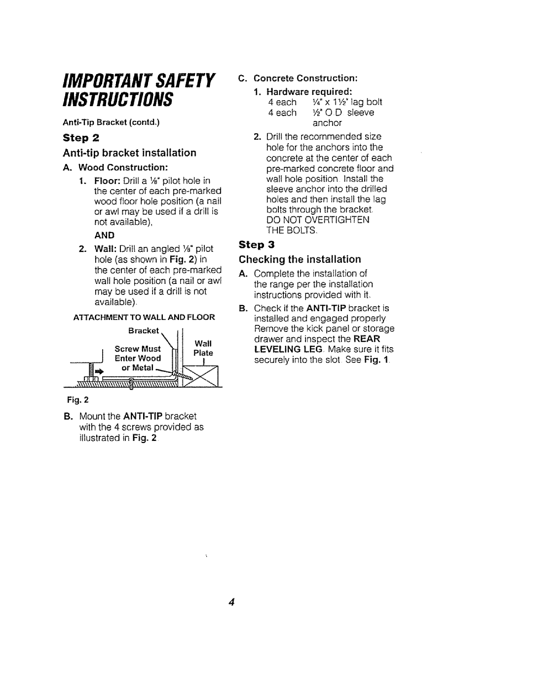 Kenmore 911.94752, 911.94754 Anti-Tip Bracket contd, Wall Plate, Hardware required, Do not Overtighten the Bolts, Step 