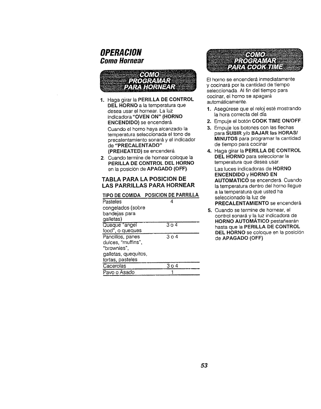 Kenmore 911.94759 ComoHornear, Tabla Para LA POSiCION DE LAS Parrillas Para Hornear, Tipo DE Comida POS!CON DE Parrilla 