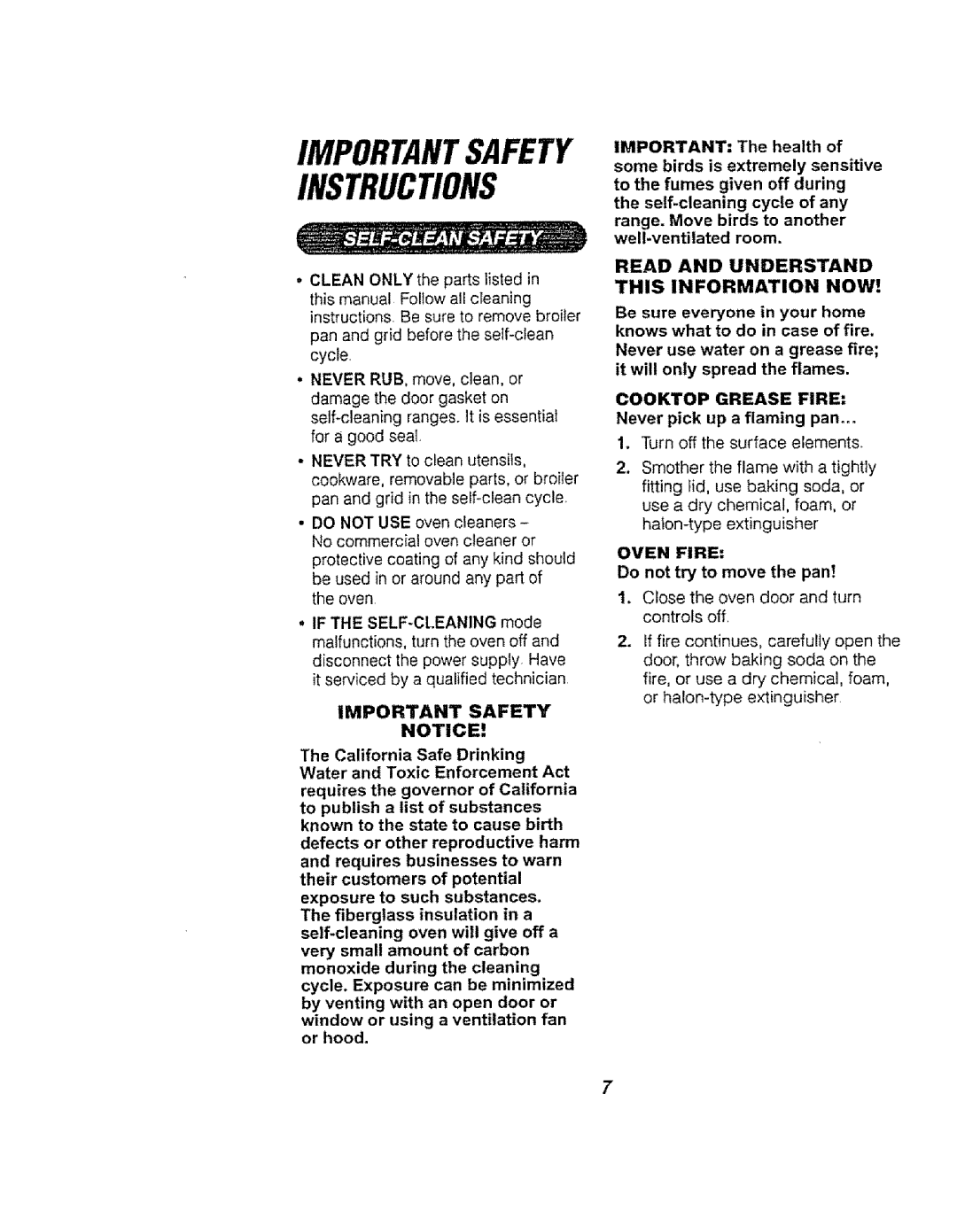 Kenmore 911.94752, 911.94754, 911.94759 manual Important Safety, Cooktop Grease Fire, Never pick up a flaming pan, Oven Fire 