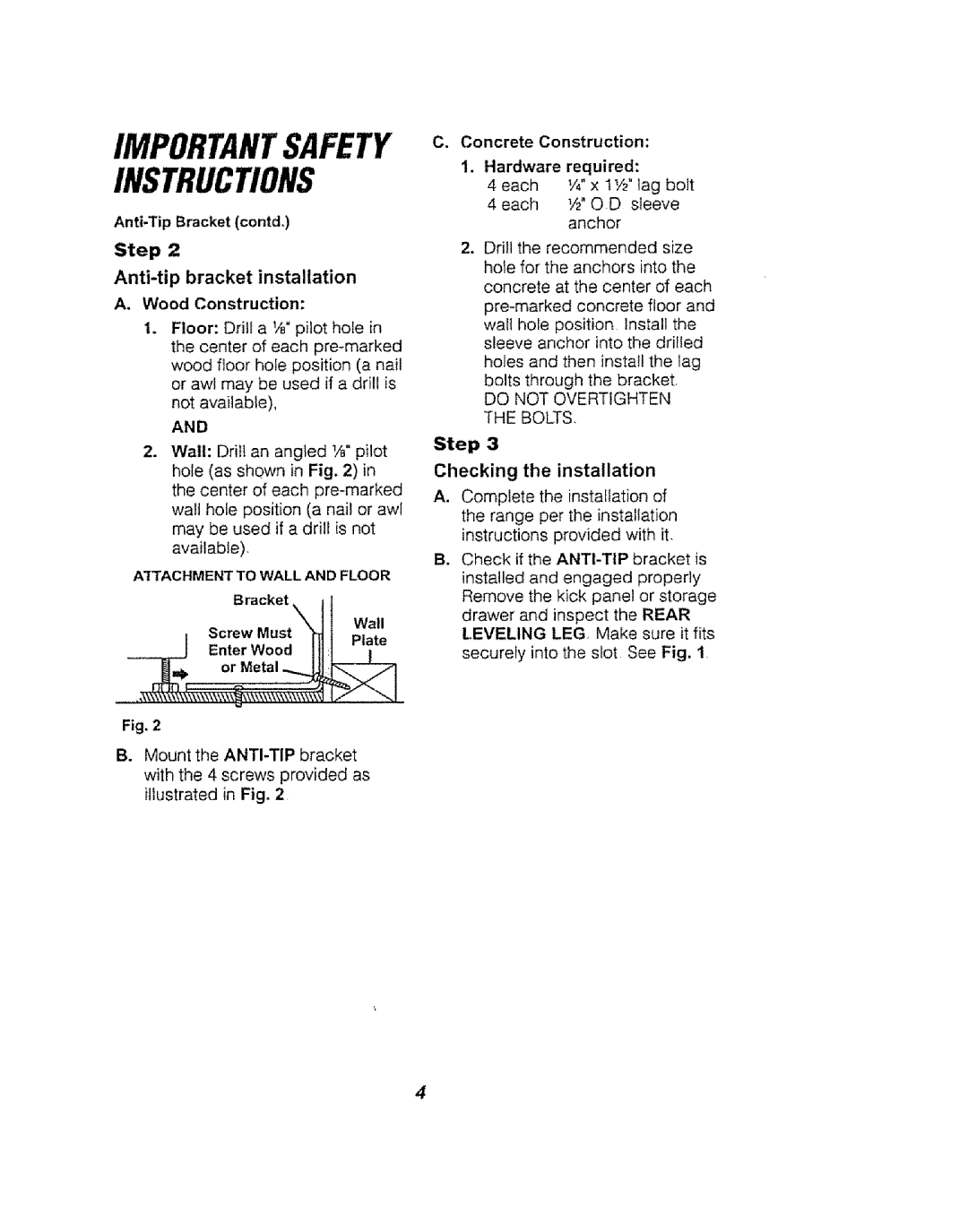 Kenmore 911.94752, 911.94754 manual Importantsafety Instructions, Step, Anti-tipbracket installation A. Wood Construction 