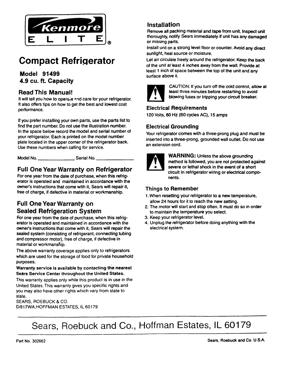 Kenmore 91499 warranty Compact Refriqerator, Model Cu. ft. Capacity Read This Manual, Sealed Refrigeration System 