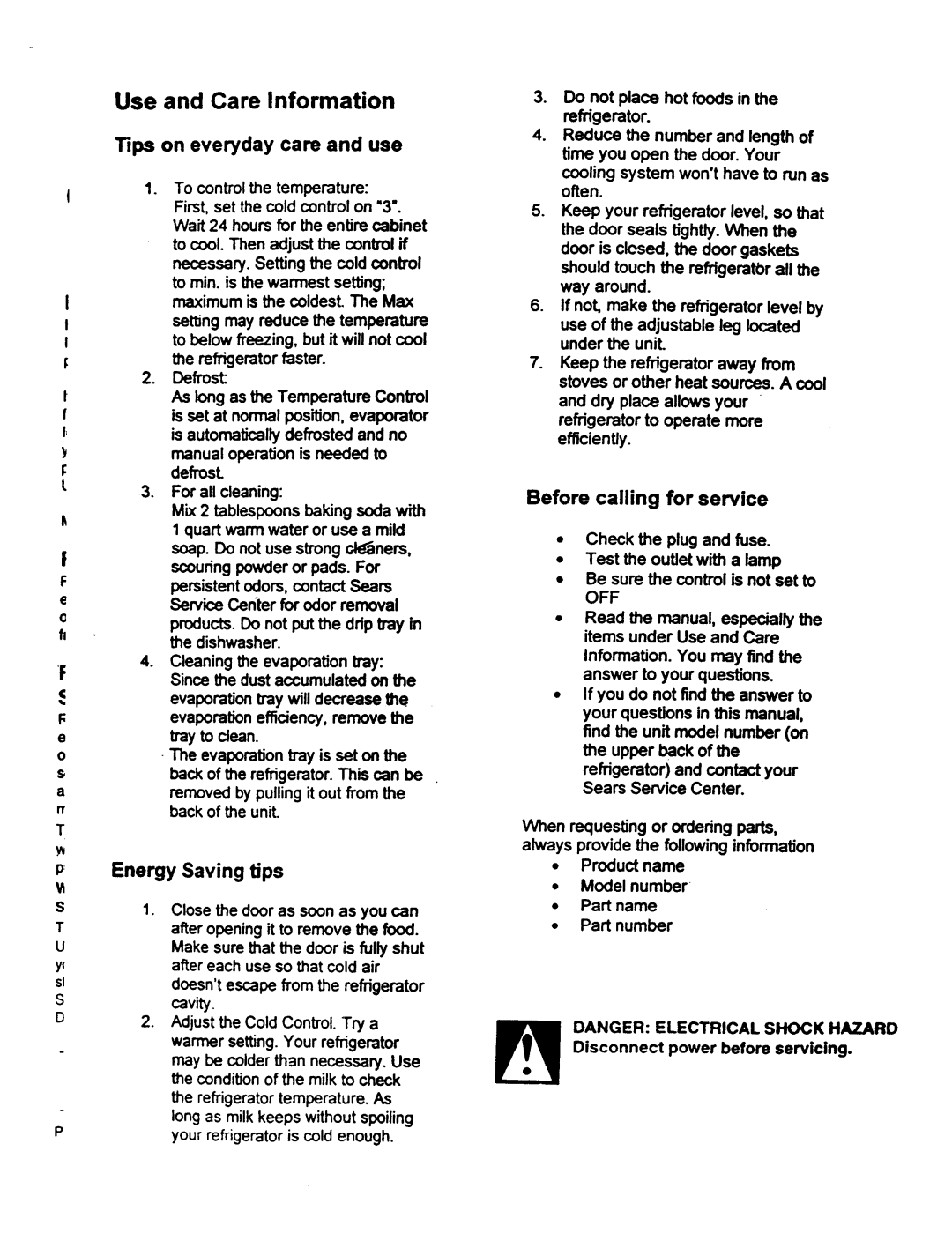 Kenmore 91499 warranty Tips on everyday care and use, Energy Saving tips, Before calling for service 