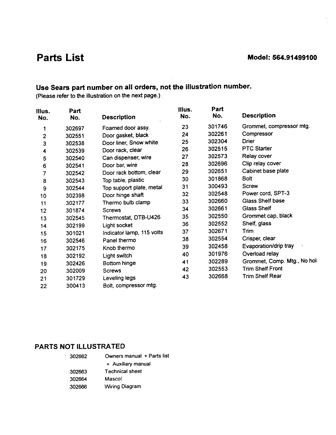Kenmore 91499 warranty Model, Parts Not Illustrated, Parts List 