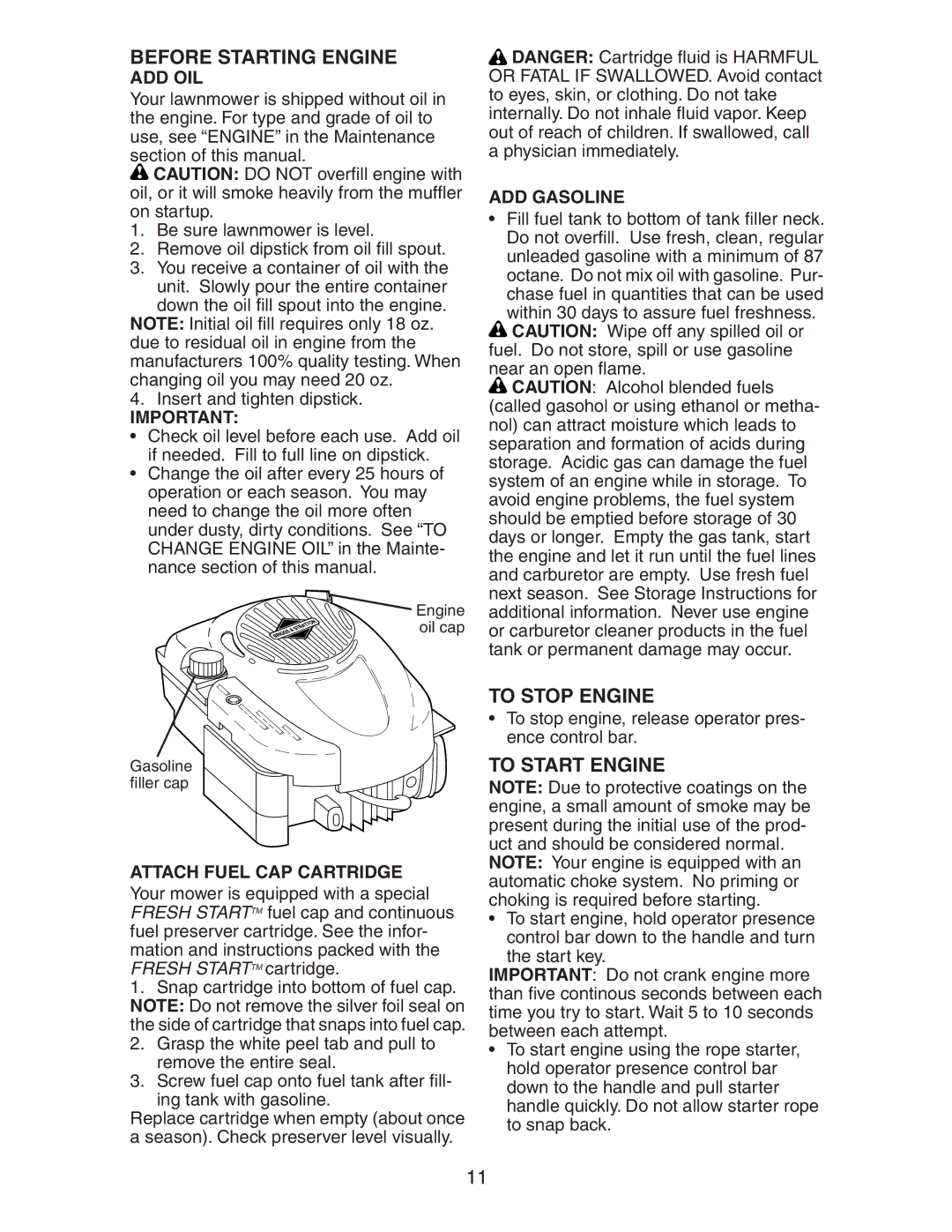 Kenmore 917.37707 owner manual Before Starting Engine, To Stop Engine, To Start Engine 