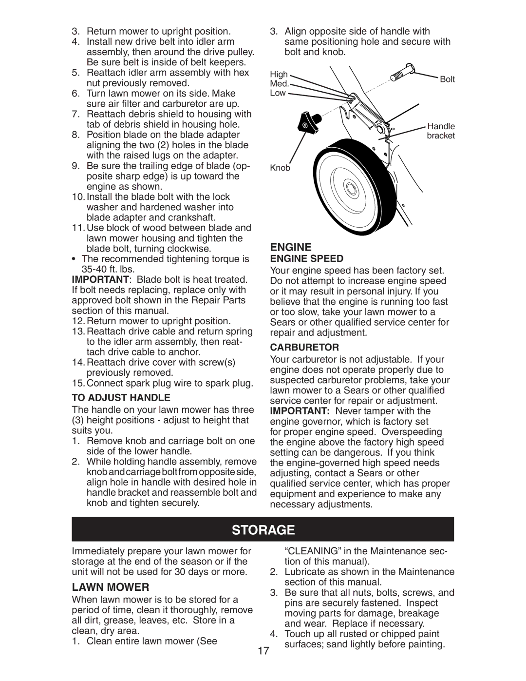 Kenmore 917.37707 owner manual Storage, To Adjust Handle, Carburetor 