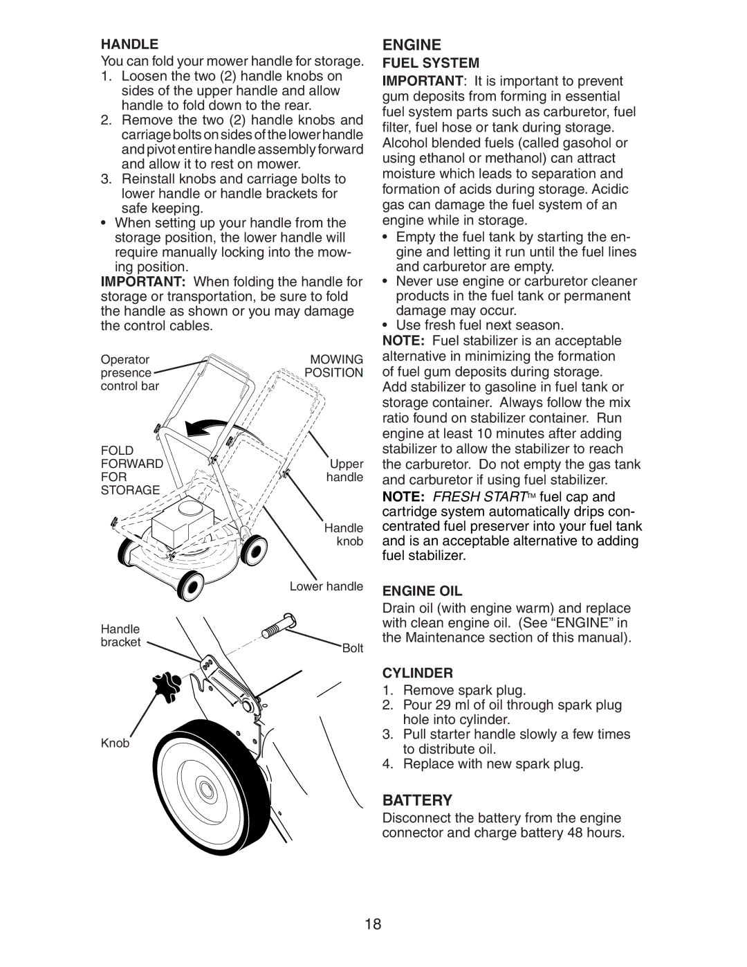 Kenmore 917.37707 owner manual Battery, Handle, Fuel System, Engine OIL, Cylinder 