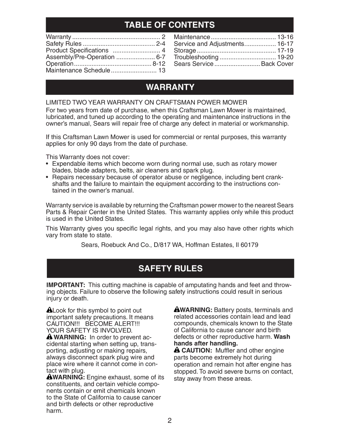 Kenmore 917.37707 owner manual Table of Contents, Warranty, Safety Rules 