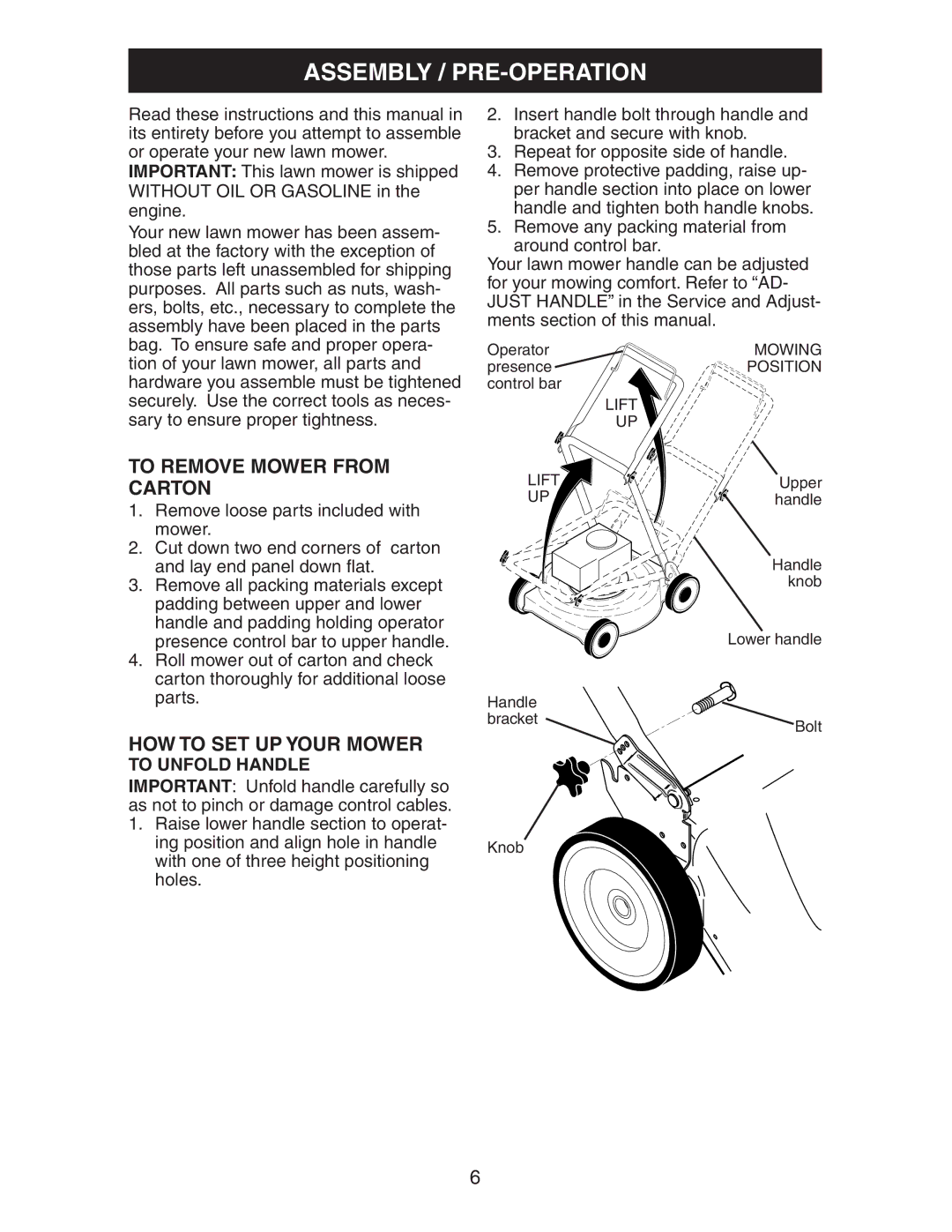 Kenmore 917.37707 Assembly / PRE-OPERATION, To Remove Mower from Carton, HOW to SET UP Your Mower, To Unfold Handle 