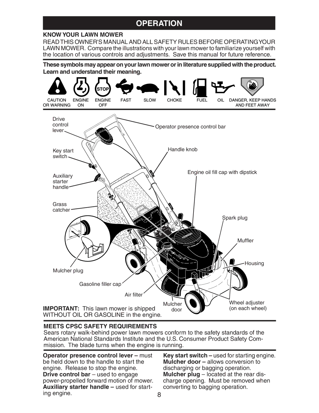 Kenmore 917.37707 owner manual Operation, Know Your Lawn Mower, Meets Cpsc Safety Requirements 