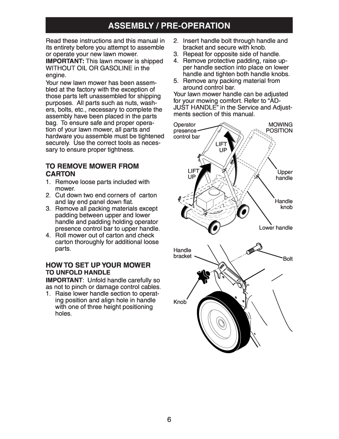 Kenmore 917.37707 Assembly / Pre-Operation, To Remove Mower From Carton, How To Set Up Your Mower, To Unfold Handle 