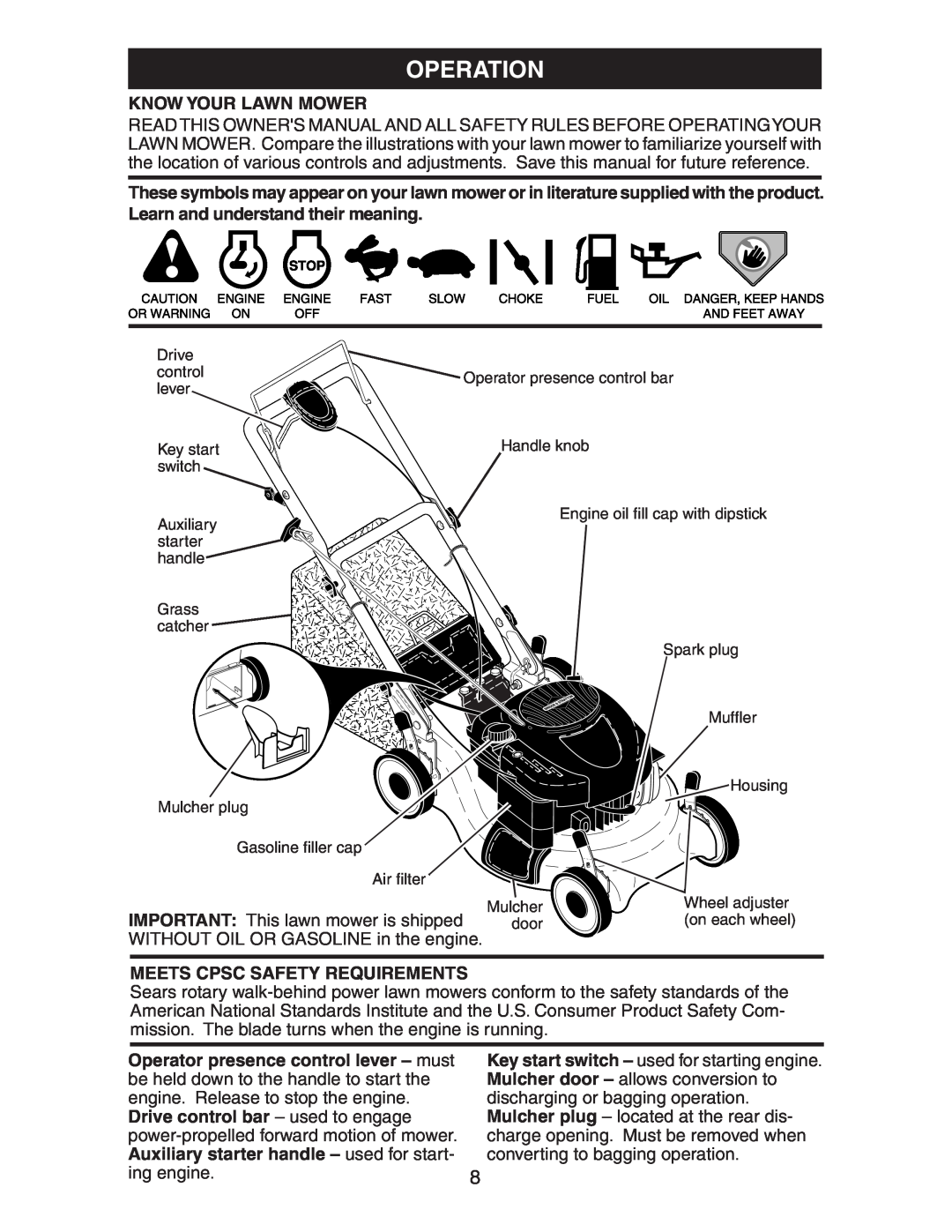 Kenmore 917.37707 owner manual Operation, Know Your Lawn Mower, Meets Cpsc Safety Requirements 