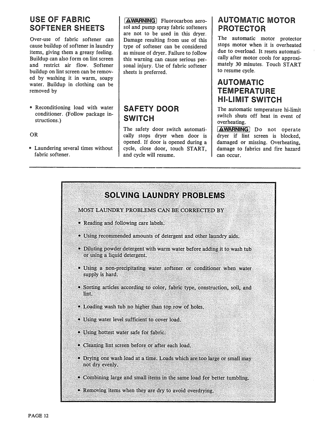 Kenmore 91801191901, 91851/91951 warranty AUTOMATaC Motor, Softener Sheets, Safety Door, Automatic 