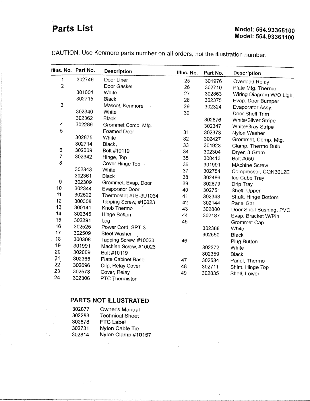 Kenmore 93365, 93361 warranty Parts List, Model Model 564, Description, 302749, 301976 