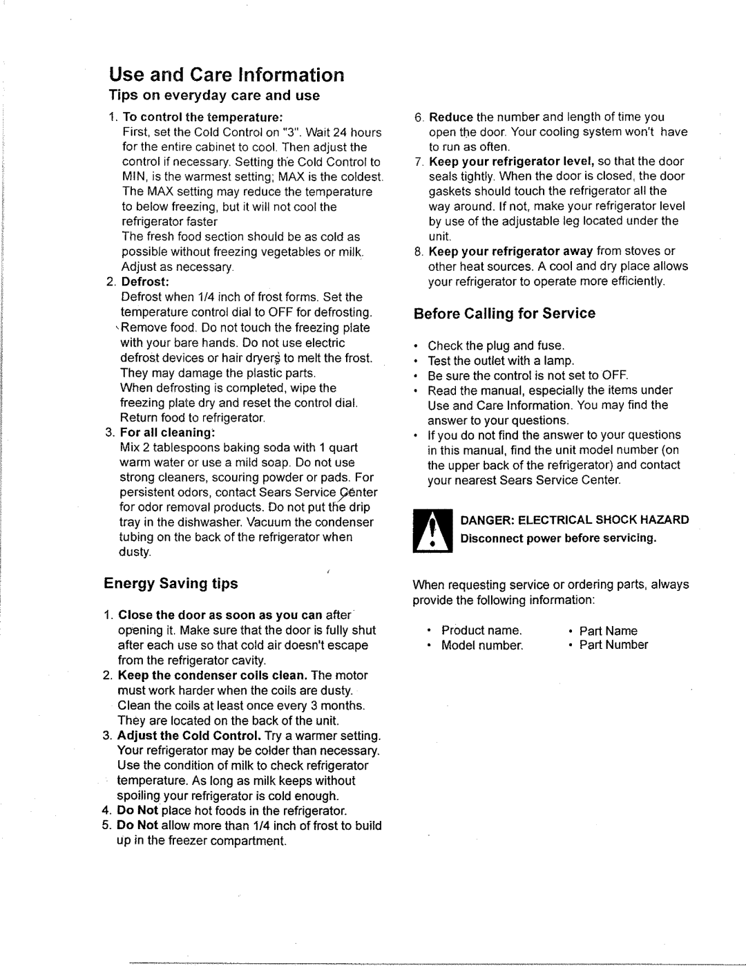 Kenmore 93361 Use and Care Information, Tips on everyday care and use, Energy Saving tips, Before Calling for Service 