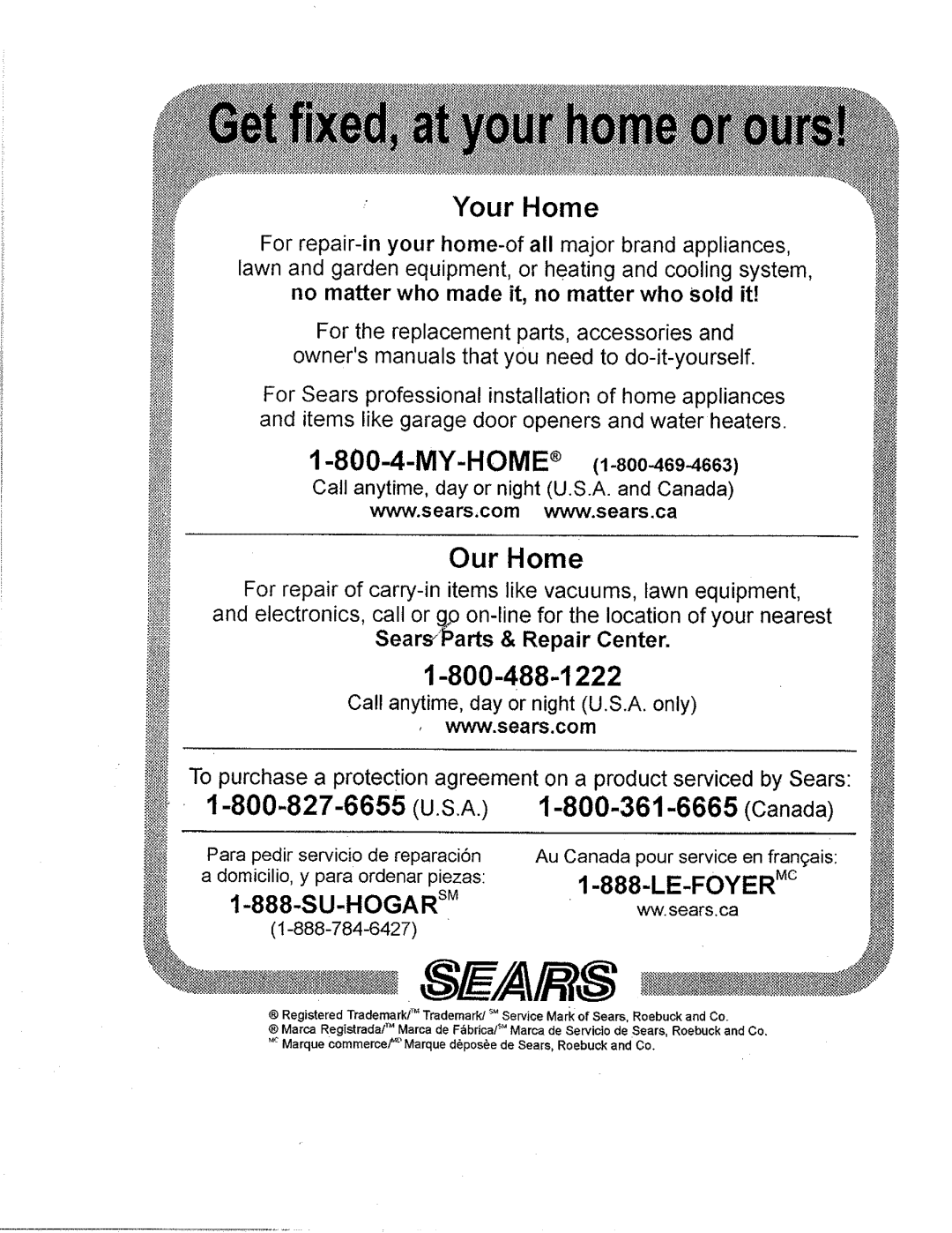 Kenmore 93365, 93361 warranty Your Home, MY-HOME 1-8o0-469-4663, Our Home, SU-HOGAR sM, Ww. sears, ca 