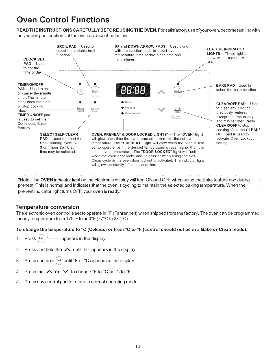 Kenmore 790.9090*, 9400*, 9410*, 9411*, 9091*, 9413*, 9412* manual Oven Control Functions, Temperature conversion 