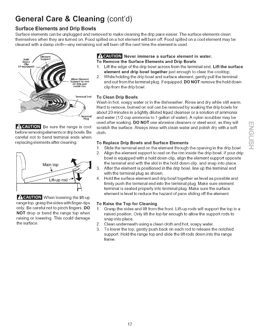 Kenmore 790.9090*, 9400*, 9410*, 9411*, 9091*, 9413* General Care & Cleaning contd, Surface Elements and Drip Bowls, Lift-up 