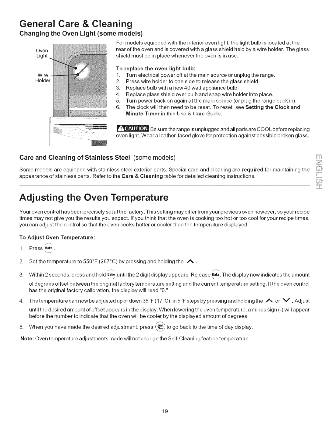 Kenmore 9413*, 9400*, 9410*, 9411*, 790.9090*, 9091*, 9412* Adjusting the Oven Temperature, Changing the Oven Light some models 