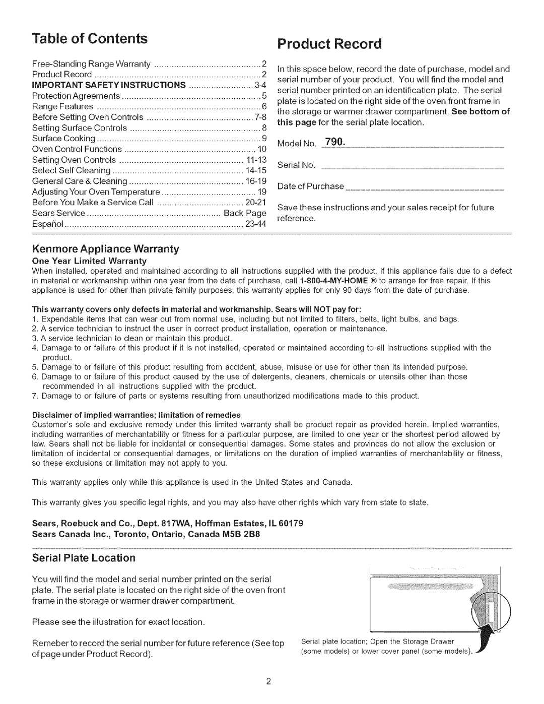 Kenmore 9411*, 9400*, 9410*, 790.9090*, 9091*, 9413*, 9412* manual Table of Contents 