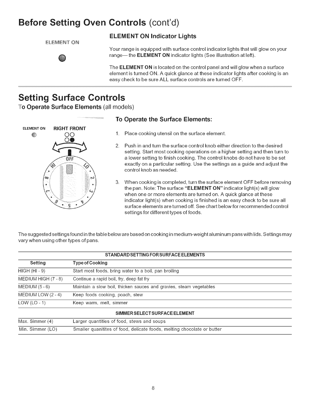 Kenmore 9410*, 9400*, 9411*, 9091* Before Setting Oven Controls contd, Setting Surface Controls, Element on indicator Lights 