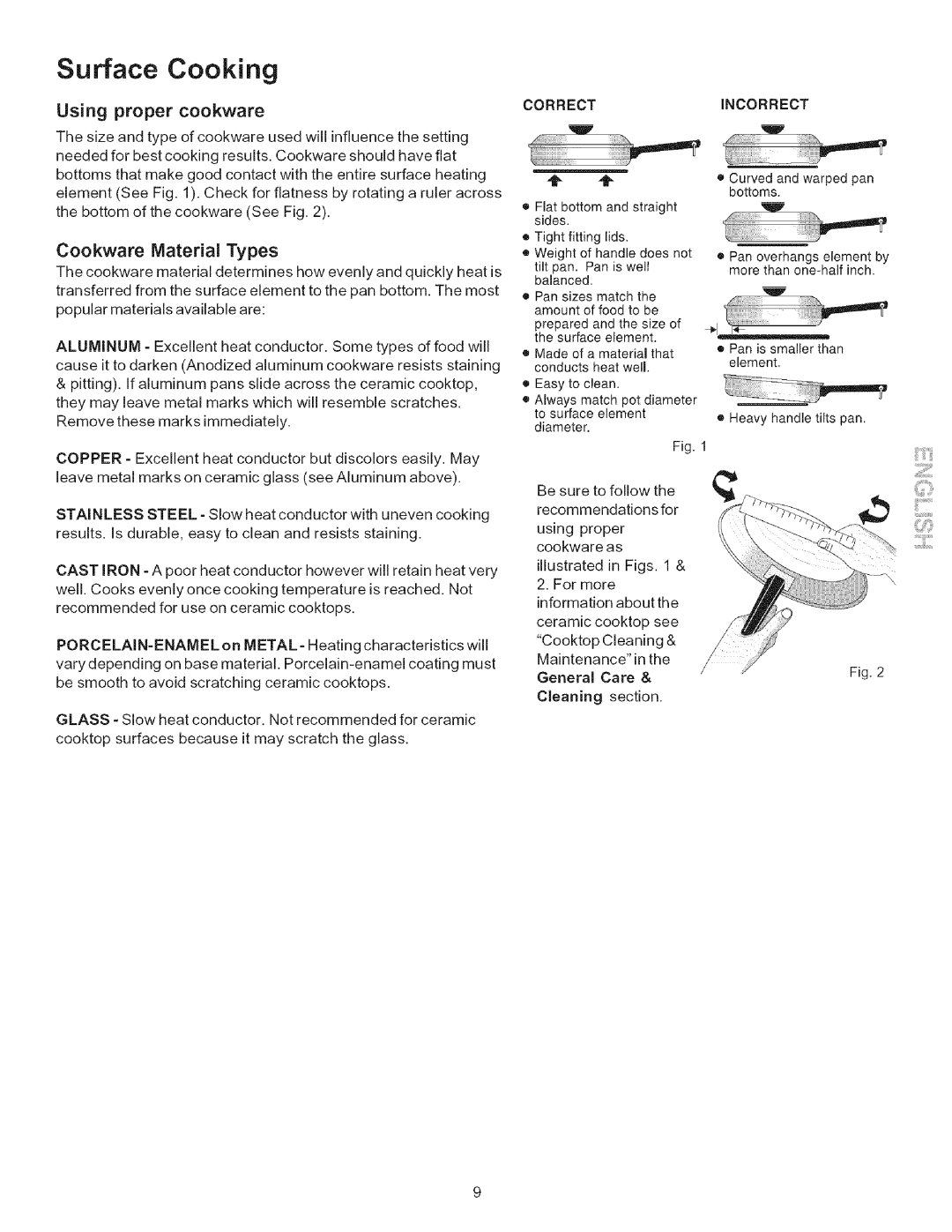 Kenmore 9411*, 9400*, 9410*, 790.9090*, 9091*, 9413*, 9412* Surface Cooking, Using proper cookware, Cookware Material Types 