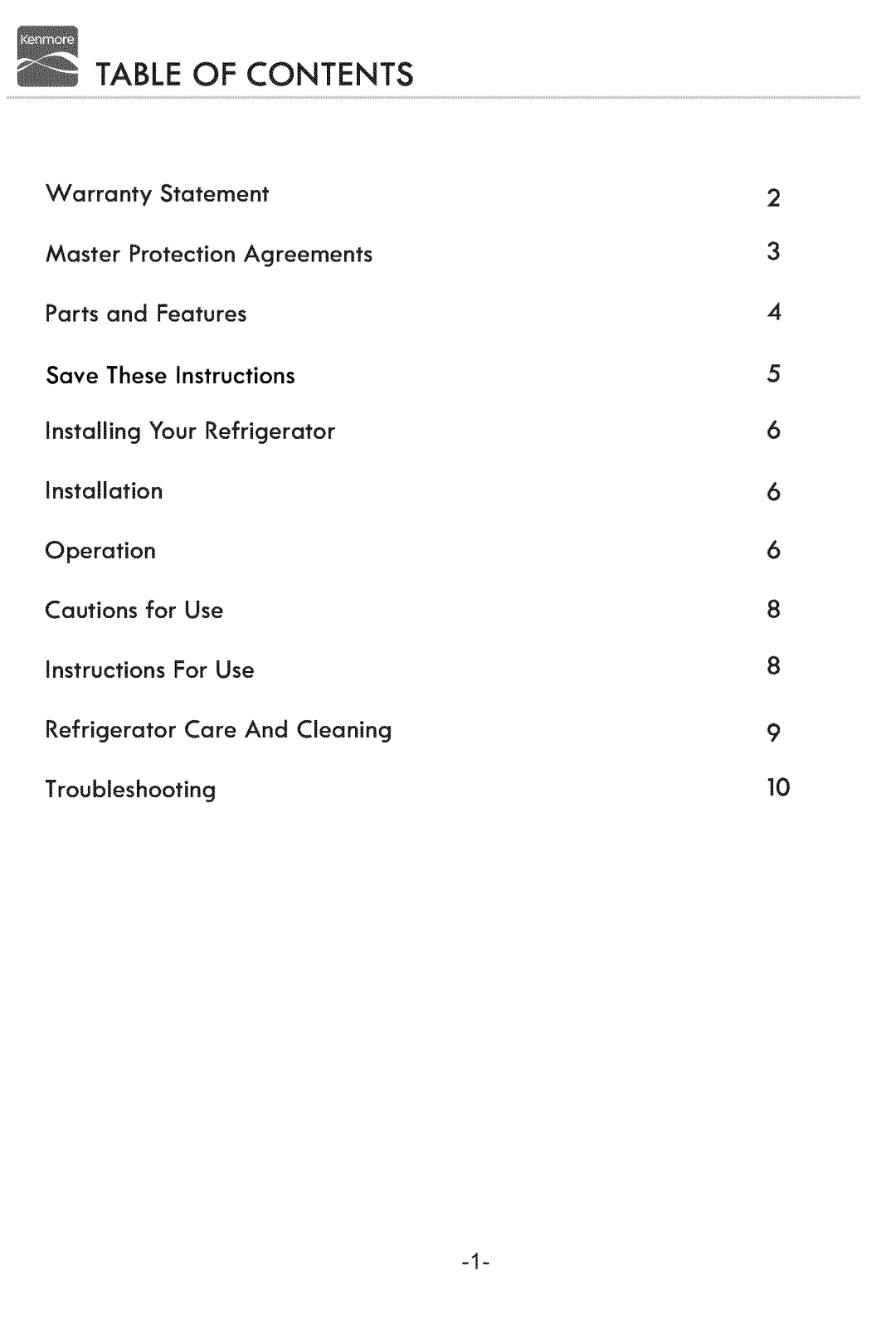 Kenmore 94689, 94683 manual Table of Contents 