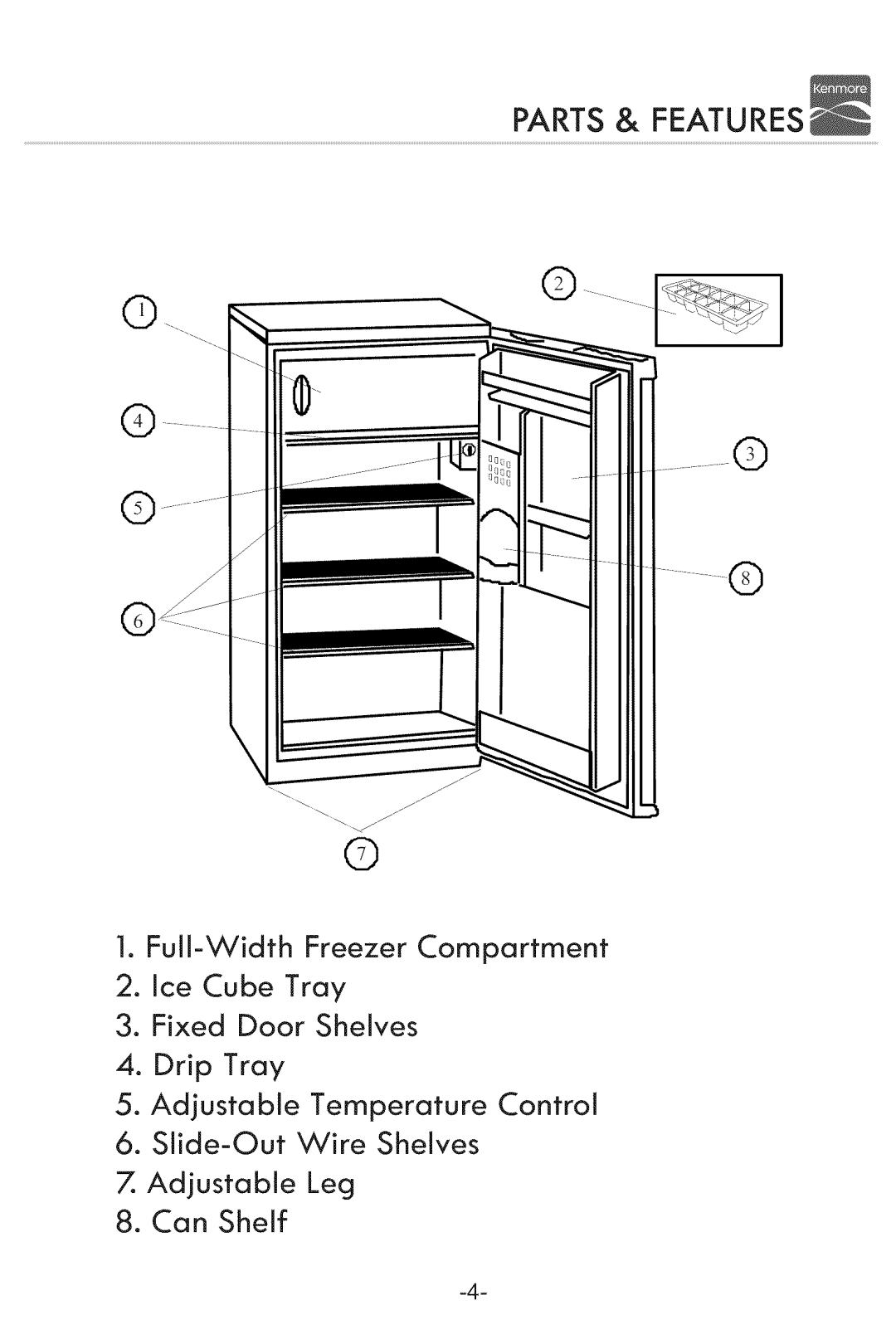 Kenmore 94683 Parts & Features, Full-WidthFreezer Compartment 2.Ice Cube Tray, Fixed Door Shelves 4.Drip Tray, Can Shelf 