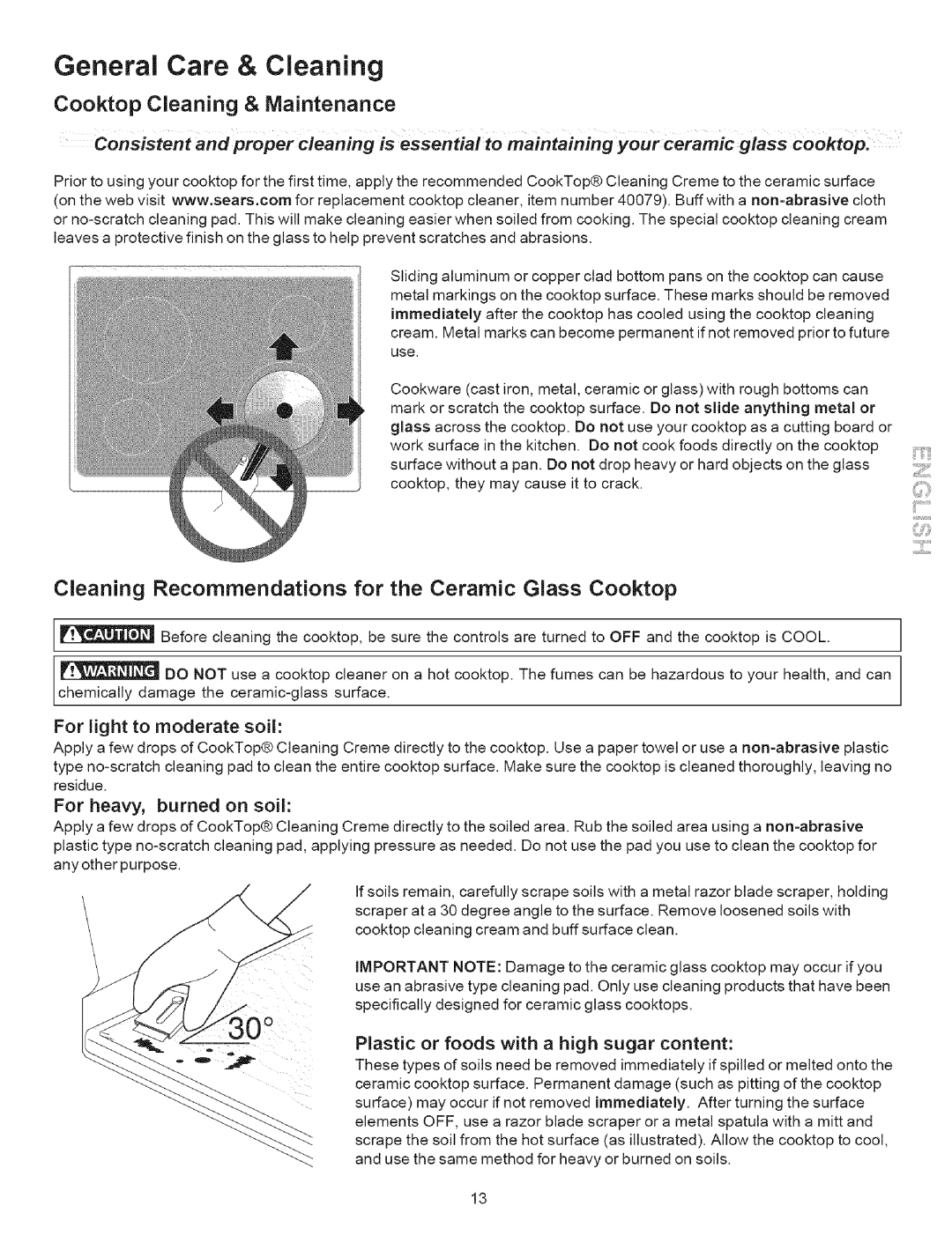 Kenmore 790.9503, 9504 manual General Care & Cleaning, Cleaning Recommendations for the Ceramic Glass Cooktop 