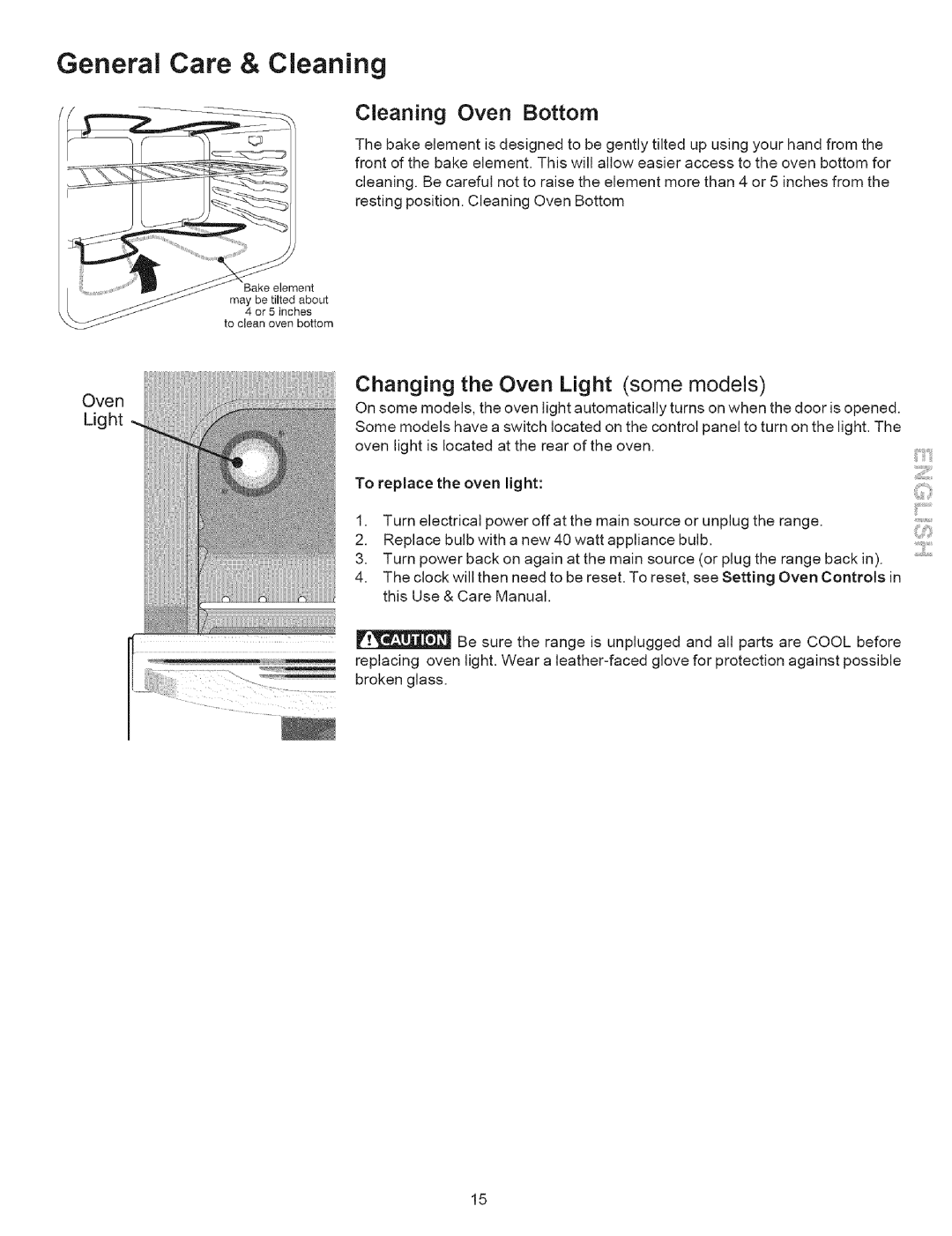 Kenmore 790.9503, 9504 manual General Care & Cleani ng, Cleaning Oven Bottom, Ove n Light 