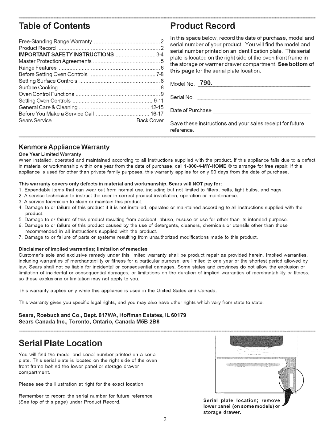 Kenmore 9504, 790.9503 manual Kenmore Appliance Warranty 