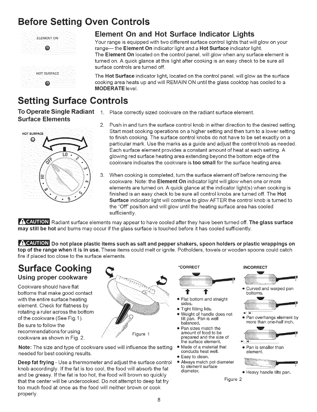 Kenmore 9504, 790.9503 manual Element On and Hot Surface indicator Lights, Surface Elements, Using proper cookware 