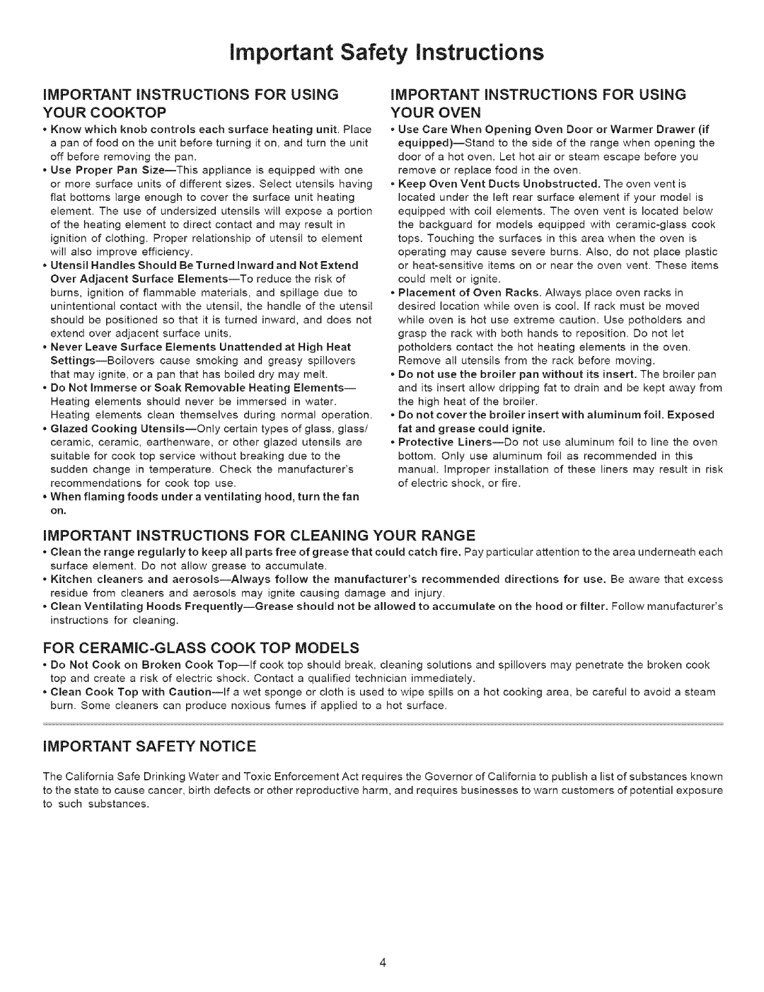 Kenmore 9504 manual important Safety instructions, Important Instructions For Using Your Cooktop, Important Safety Notice 