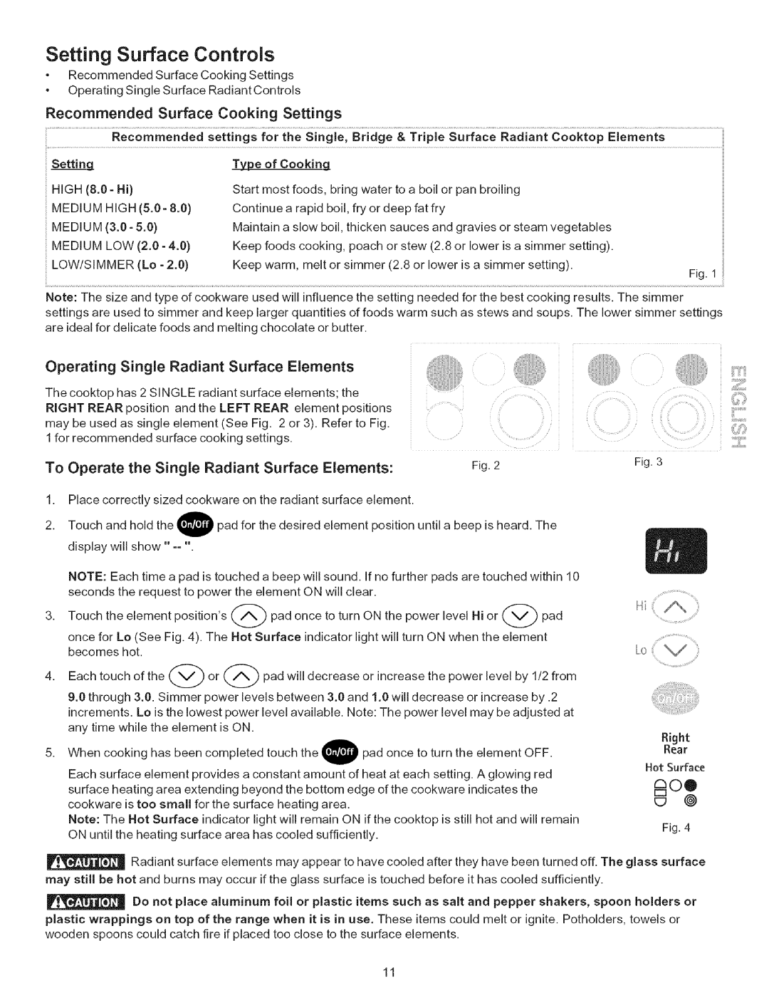 Kenmore 790-.9663, 9664 manual Recommended Surface Cooking Settings, Operating Single Radiant Surface Elements, Rear 