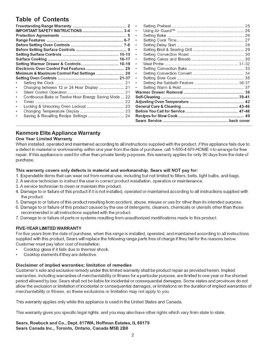 Kenmore 9664, 790-.9663 manual Table of Contents 