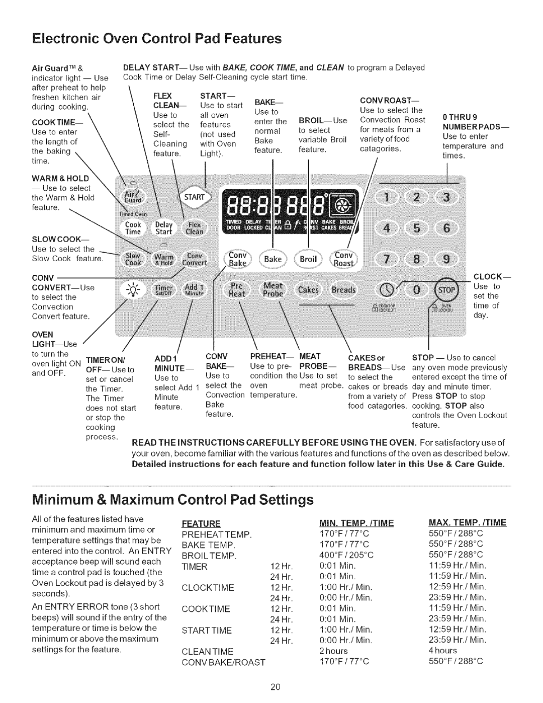 Kenmore 9664, 790-.9663 manual Electronic Oven Control Pad Features, Minimum & Maximum, Control Pad Settings 